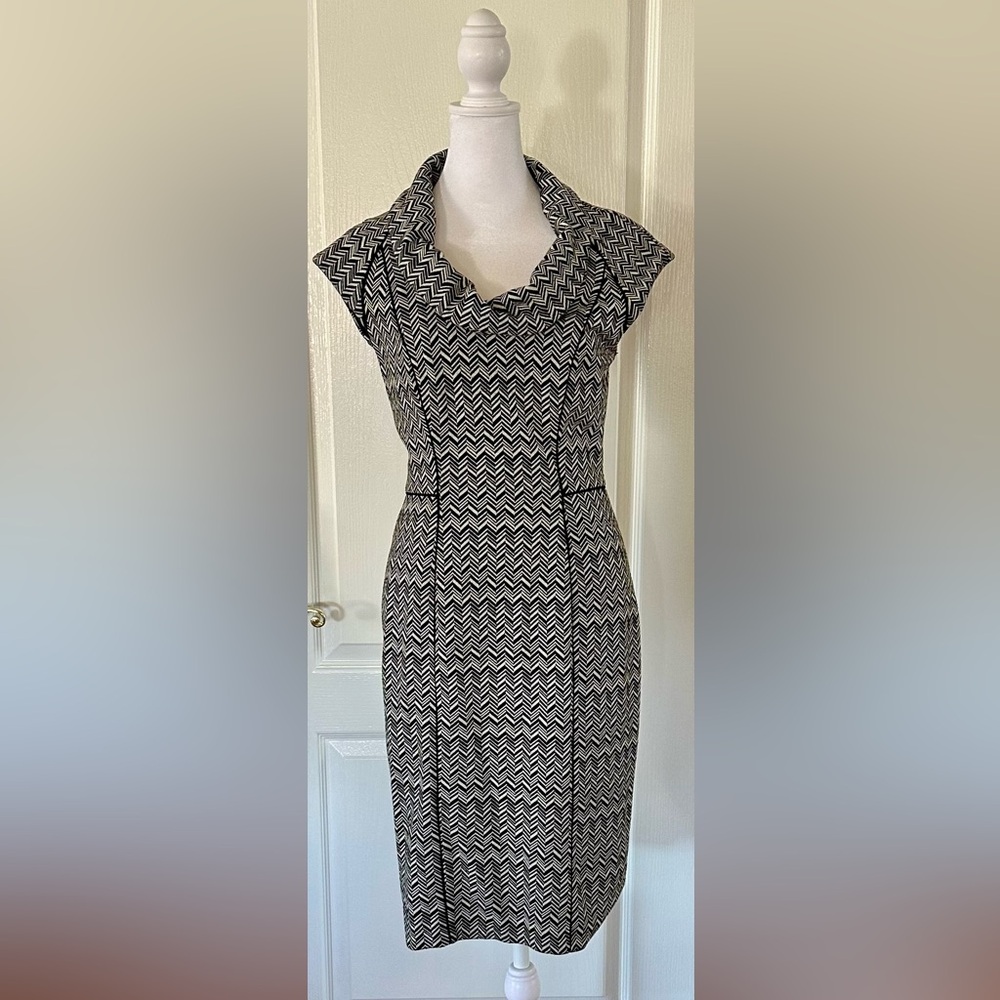 White House Black Market Chevron Print Form-Fitting Cowl Neck Cap Sleeve Dress